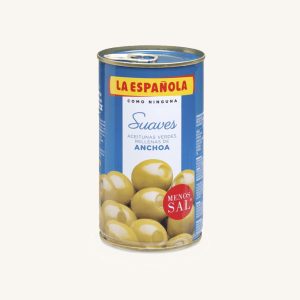 La Española Green olives stuffed with anchovies, Suaves, with 35% less salt , manzanilla variety, can 130 gr drained